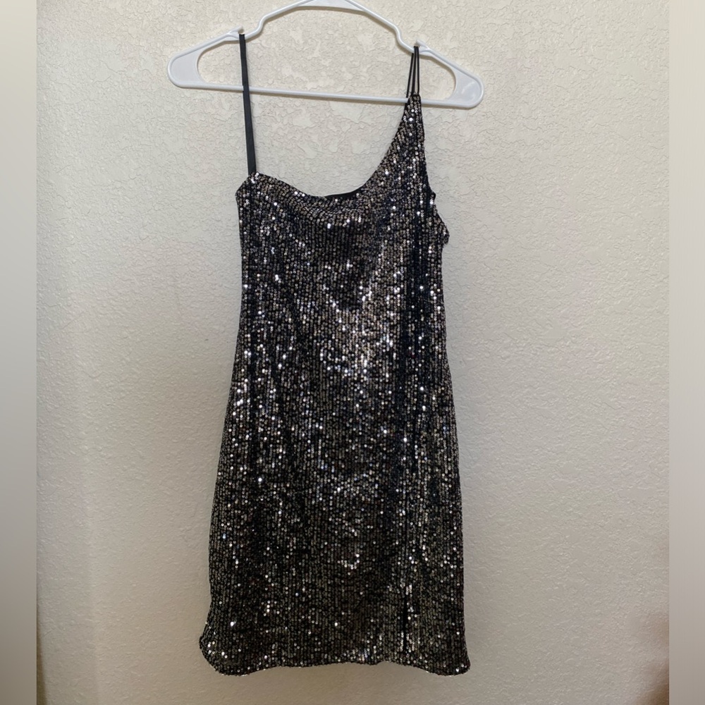 Black sequin one shoulder mini dress!